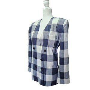 Worthington blue & cream oversize long double-breasted blazer fits like a L